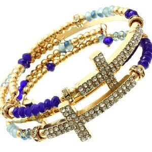 Beaded Crystal Gold Blue Clear Coil Bracelet Trio (Set of 3)